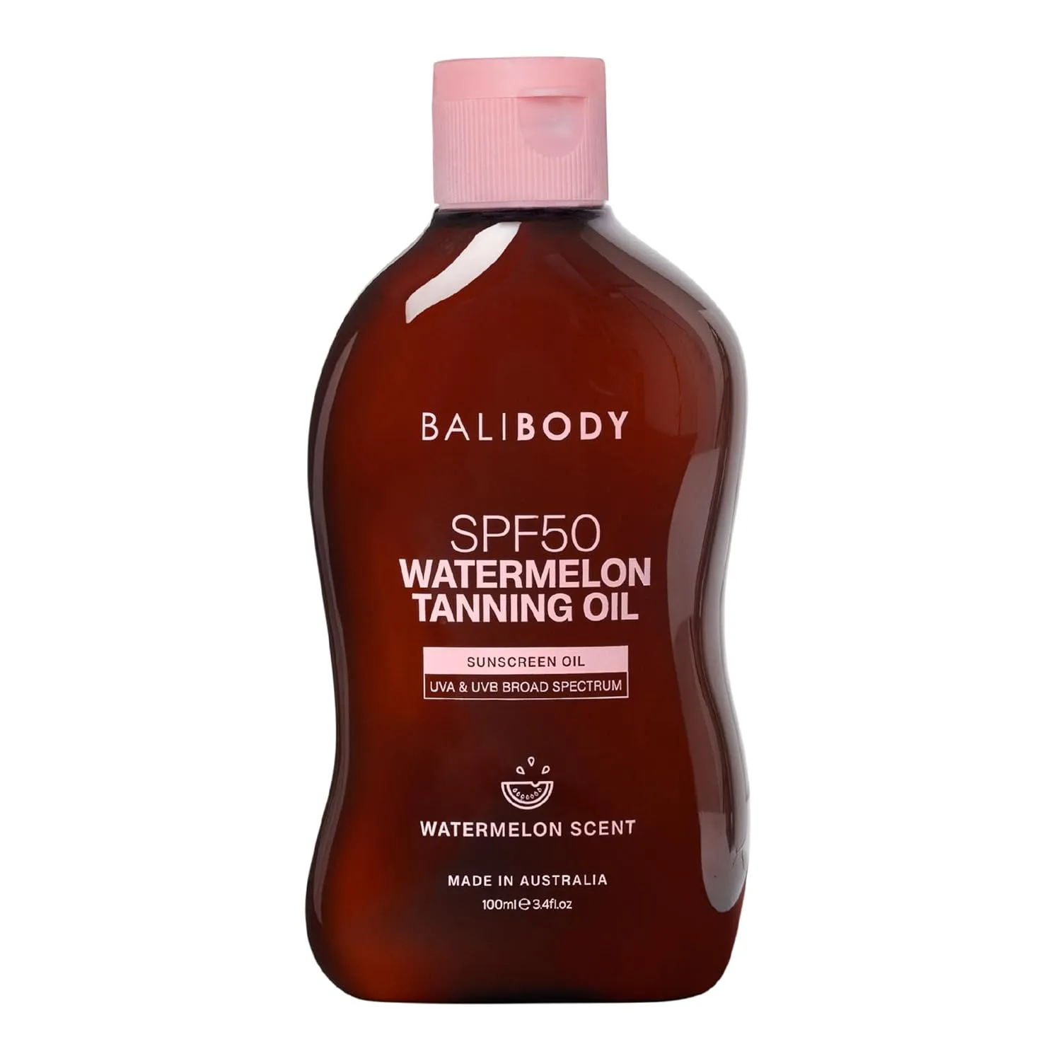 Bali Body Watermelon Tanning Oil SPF50 – Tanning Oil with SPF for Dark Glow Skin, Fast-Absorbing, Non-Greasy Formula, Hydrating, Travel Size, Cruelty-Free, Vegan Australian Made (100ml/3.4flo)