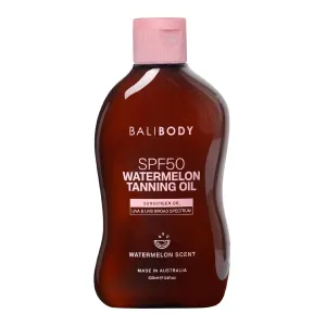 Bali Body Watermelon Tanning Oil SPF50 – Tanning Oil with SPF for Dark Glow Skin, Fast-Absorbing, Non-Greasy Formula, Hydrating, Travel Size, Cruelty-Free, Vegan Australian Made (100ml/3.4flo)