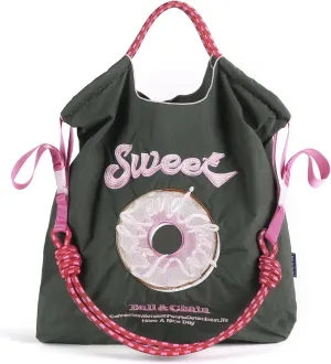 Ball&Chain Embroidered Doughnut Pattern Tote Bag，Women's Leisure Shopping Bag, 15x16 inches