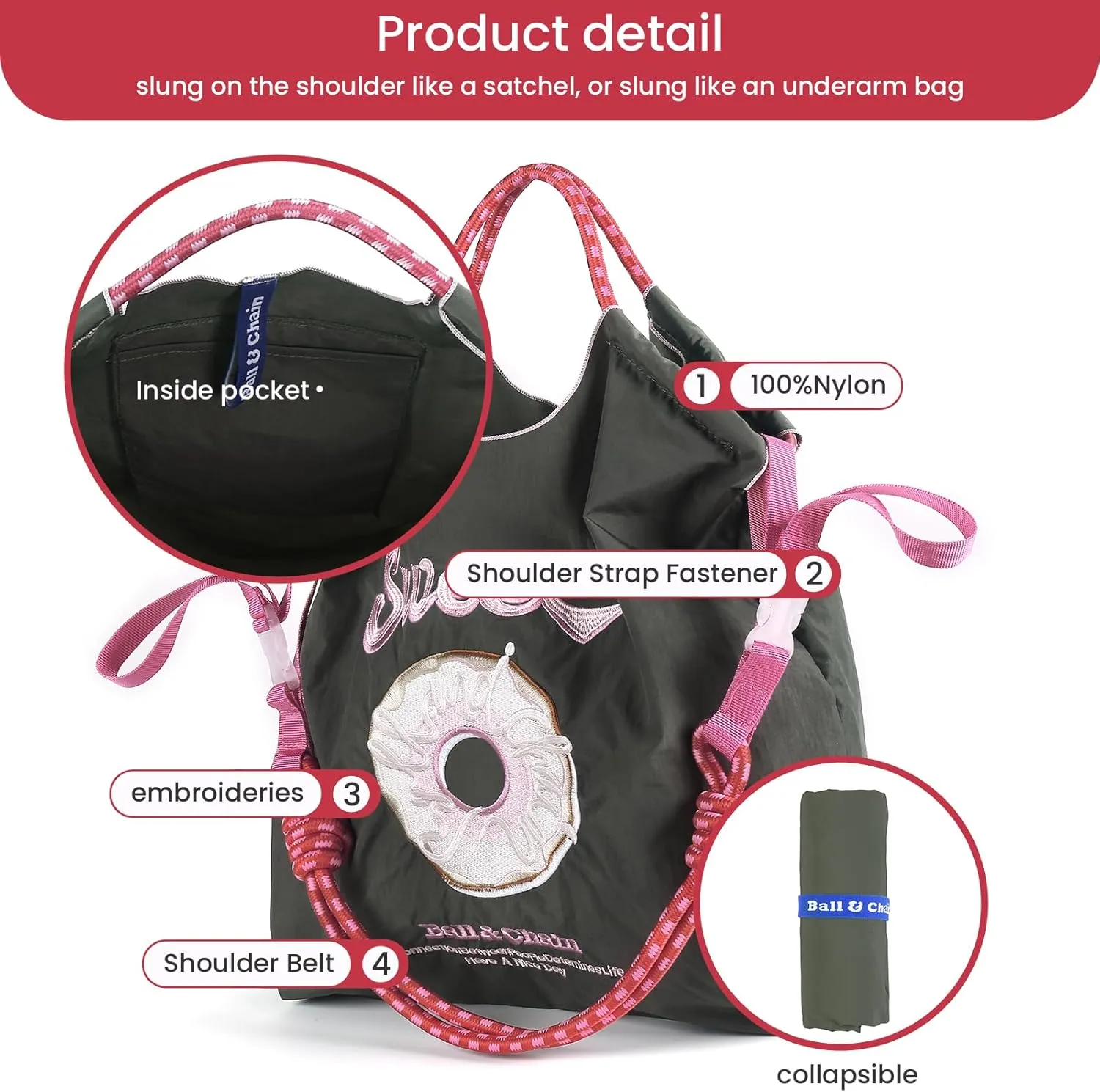 Ball&Chain Embroidered Doughnut Pattern Tote Bag，Women's Leisure Shopping Bag, 15x16 inches