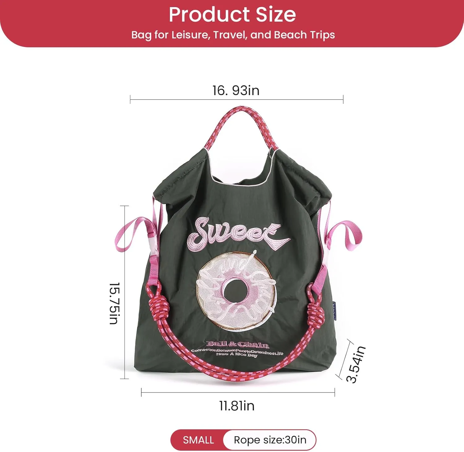 Ball&Chain Embroidered Doughnut Pattern Tote Bag，Women's Leisure Shopping Bag, 15x16 inches