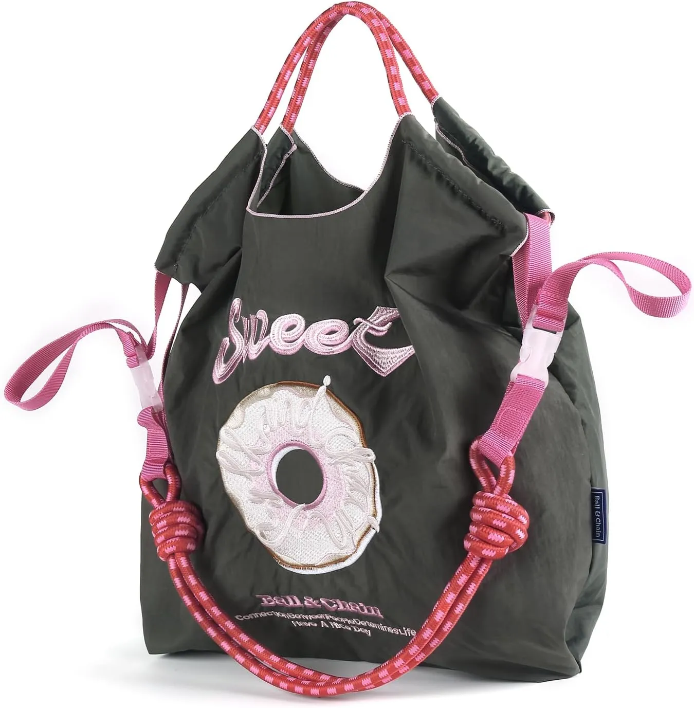 Ball&Chain Embroidered Doughnut Pattern Tote Bag，Women's Leisure Shopping Bag, 15x16 inches