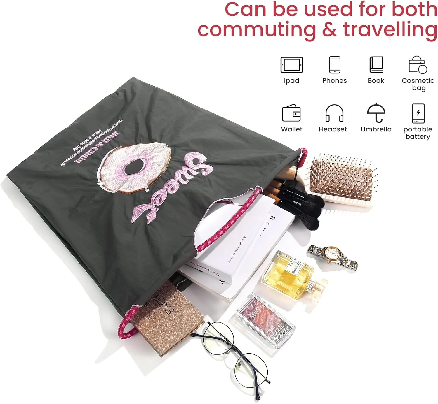 Ball&Chain Embroidered Doughnut Pattern Tote Bag，Women's Leisure Shopping Bag, 15x16 inches