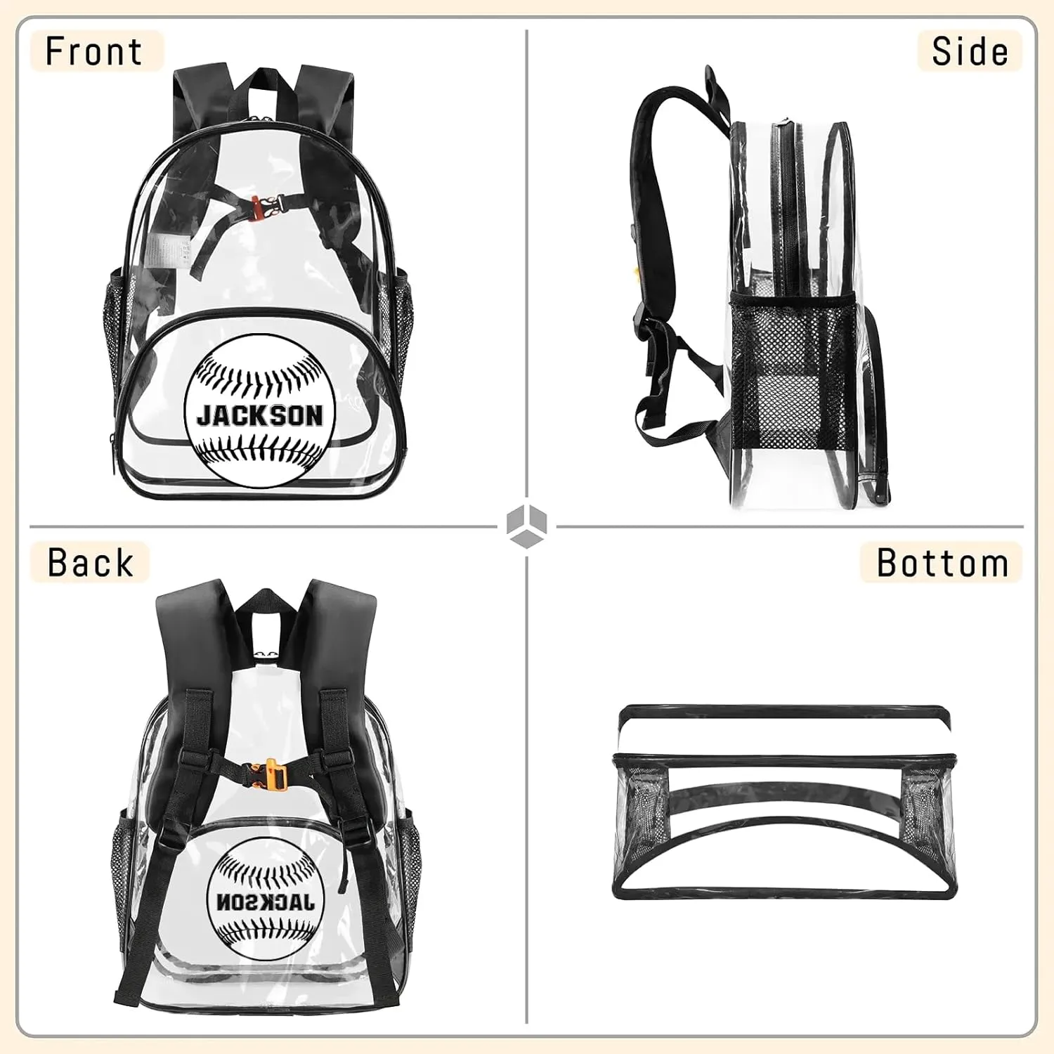 Baseball Clear Bookbag, Personalized Name Transparent Black Backpack, Custom See Through Sport Travel Plastic Back Pack PVC with Reinforced Strap, Waterproof
