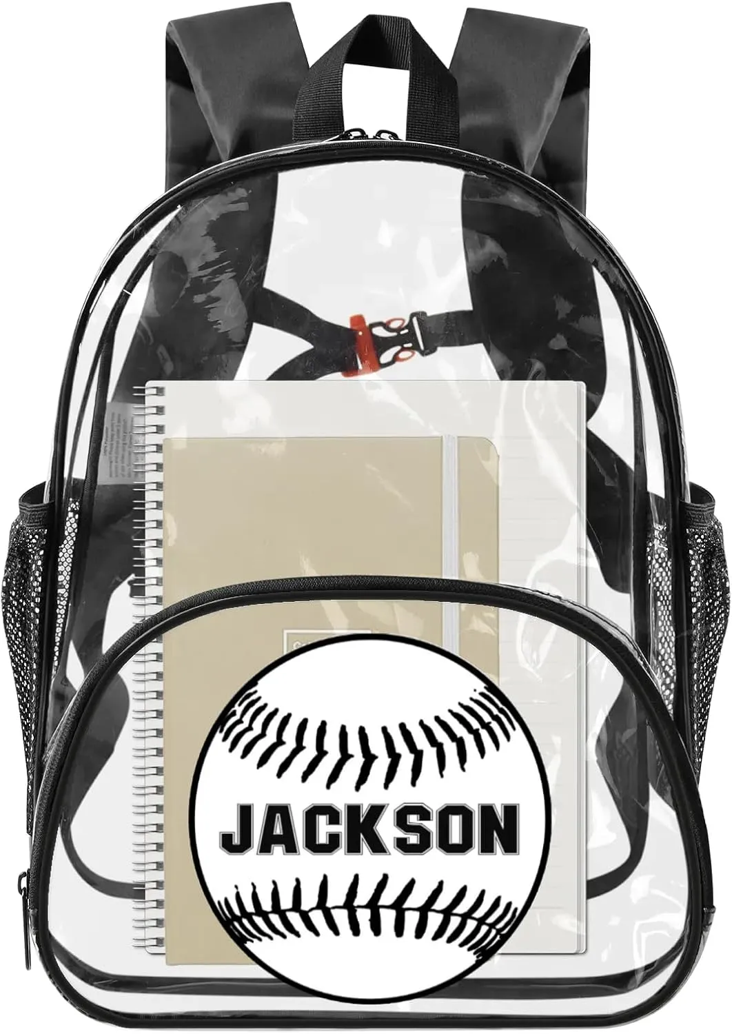 Baseball Clear Bookbag, Personalized Name Transparent Black Backpack, Custom See Through Sport Travel Plastic Back Pack PVC with Reinforced Strap, Waterproof