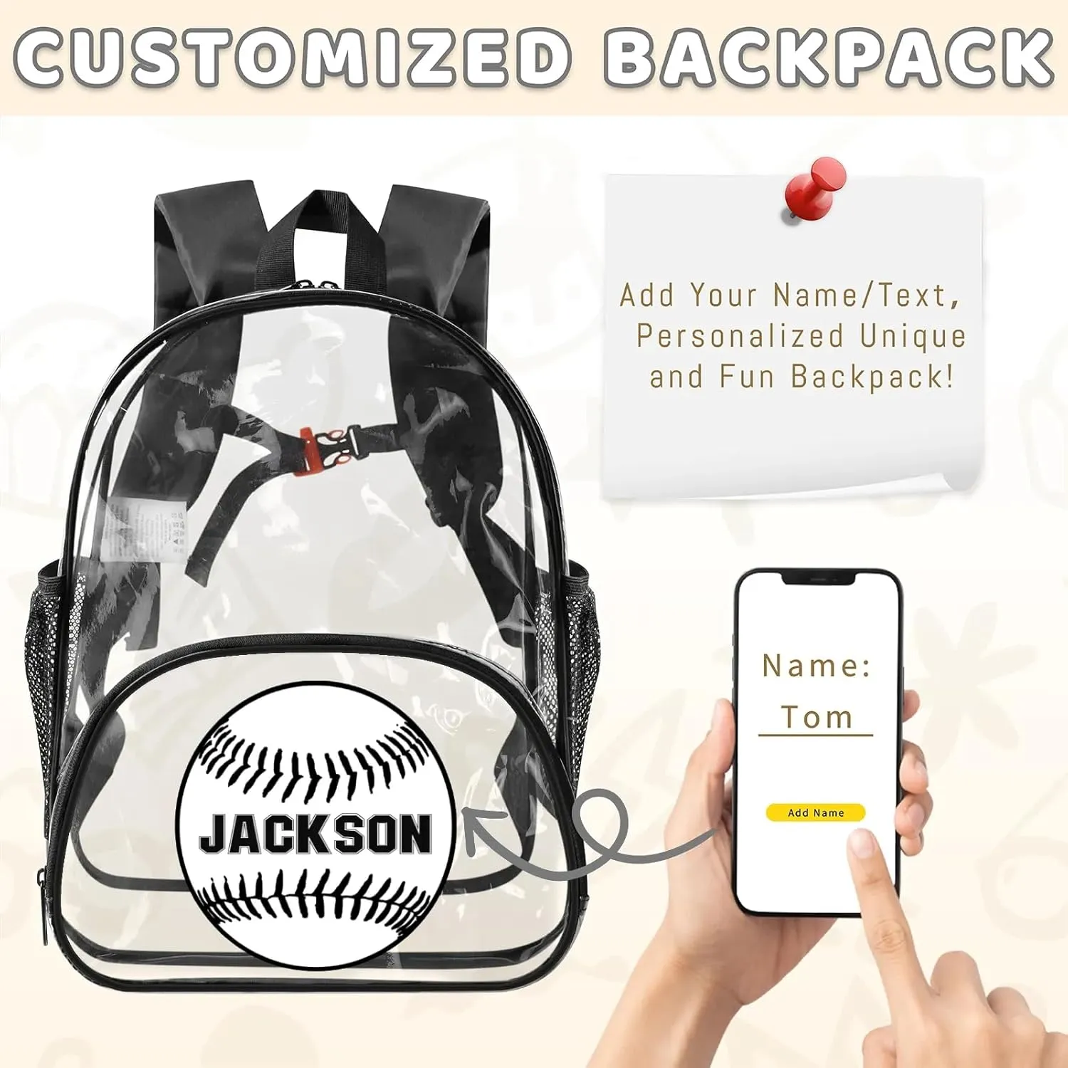 Baseball Clear Bookbag, Personalized Name Transparent Black Backpack, Custom See Through Sport Travel Plastic Back Pack PVC with Reinforced Strap, Waterproof