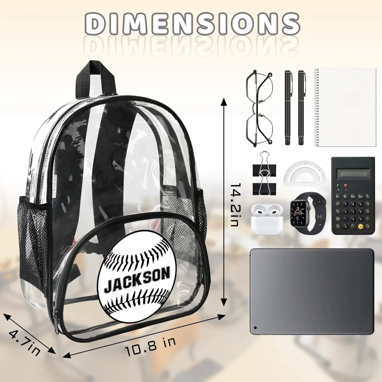 Baseball Clear Bookbag, Personalized Name Transparent Black Backpack, Custom See Through Sport Travel Plastic Back Pack PVC with Reinforced Strap, Waterproof