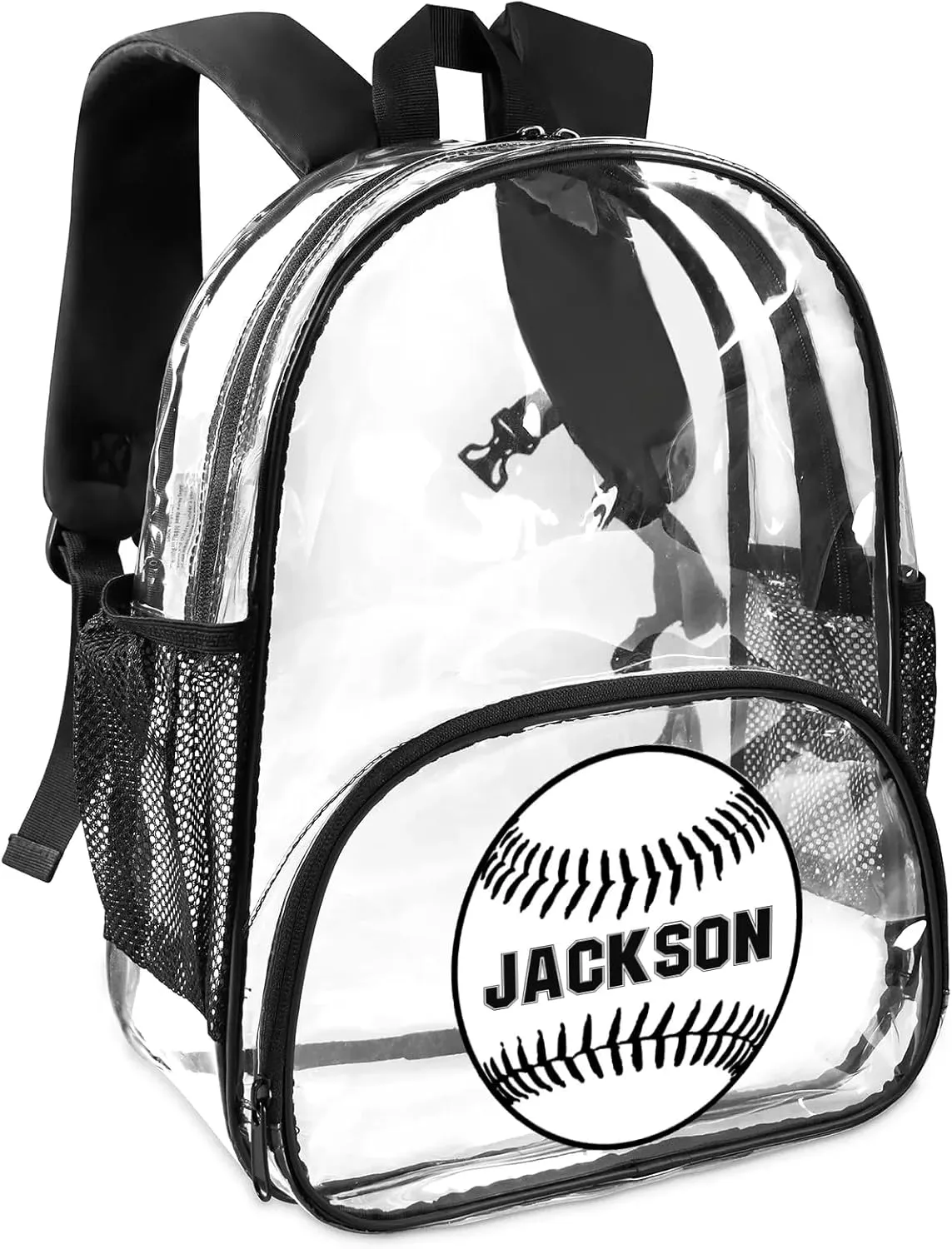 Baseball Clear Bookbag, Personalized Name Transparent Black Backpack, Custom See Through Sport Travel Plastic Back Pack PVC with Reinforced Strap, Waterproof