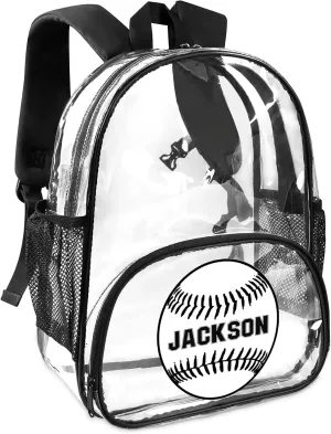Baseball Clear Bookbag, Personalized Name Transparent Black Backpack, Custom See Through Sport Travel Plastic Back Pack PVC with Reinforced Strap, Waterproof