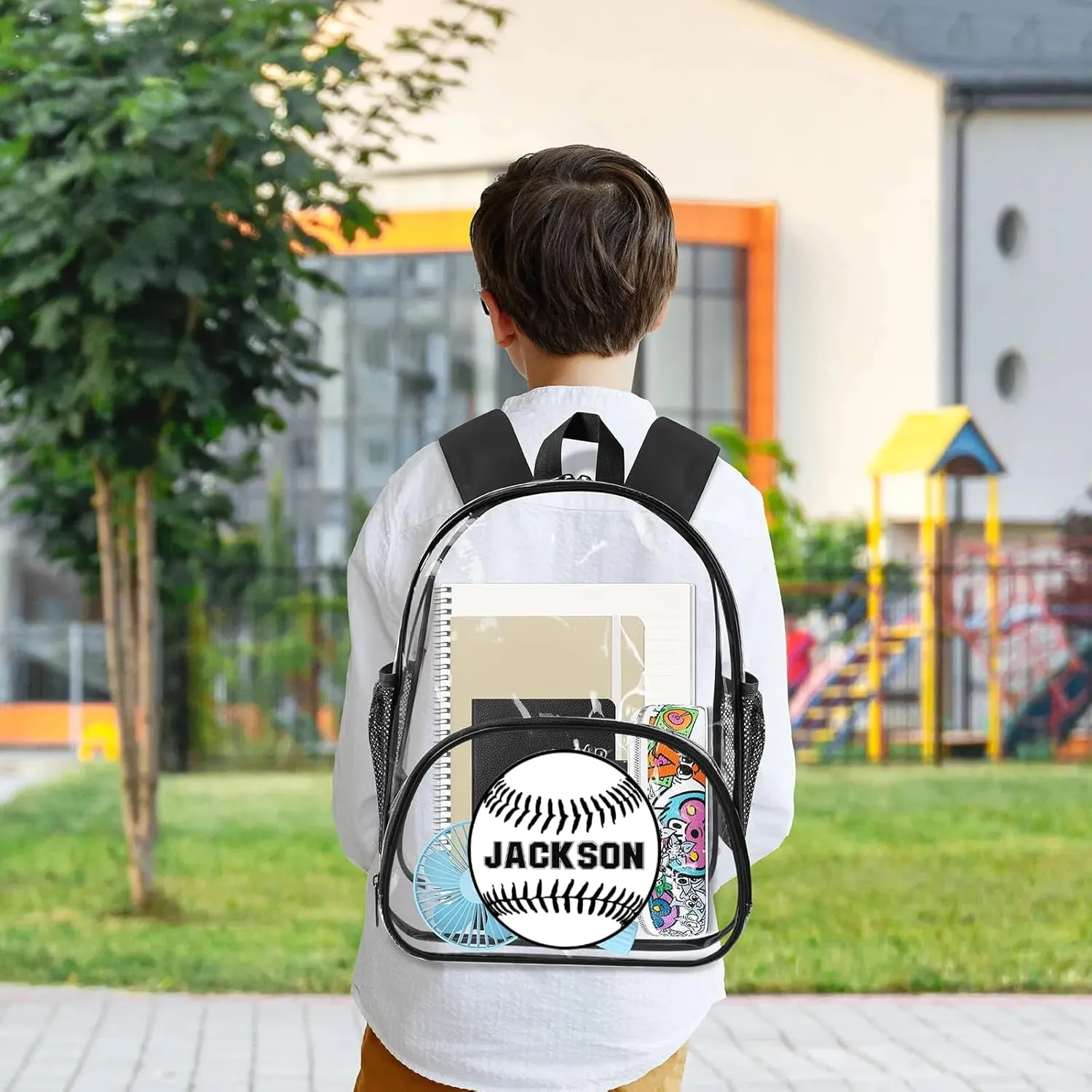 Baseball Clear Bookbag, Personalized Name Transparent Black Backpack, Custom See Through Sport Travel Plastic Back Pack PVC with Reinforced Strap, Waterproof
