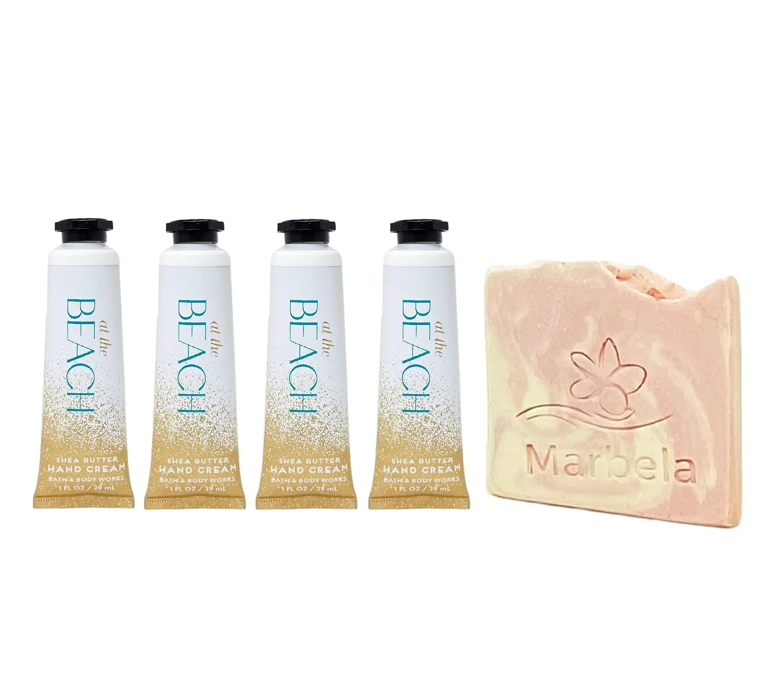 Bath & Body Works At The Beach 4 Pack Shea Butter Hand Cream Bundle with a Himalayan Salts Springs Sample Soap