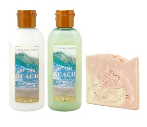 Bath & Body Works At The Beach Mini Hair Care Bundle - Shampoo and Conditioner With a Himalayan Salts Springs Sample Soap.