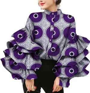 BAZINRICHE Women African Print Long Sleeves Top Shirt Dashiki Square Collar Shirts Ankara Clothing
