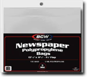 BCW Newspaper Bags | Protect Collectible Newspapers | 1½"" Flap for Closure | 13 3/8 X 11 7/8 | Crystal Clear Polypropylene | Newspaper Protector Sleeves | Clear Sleeves for Art Prints or Newspaper