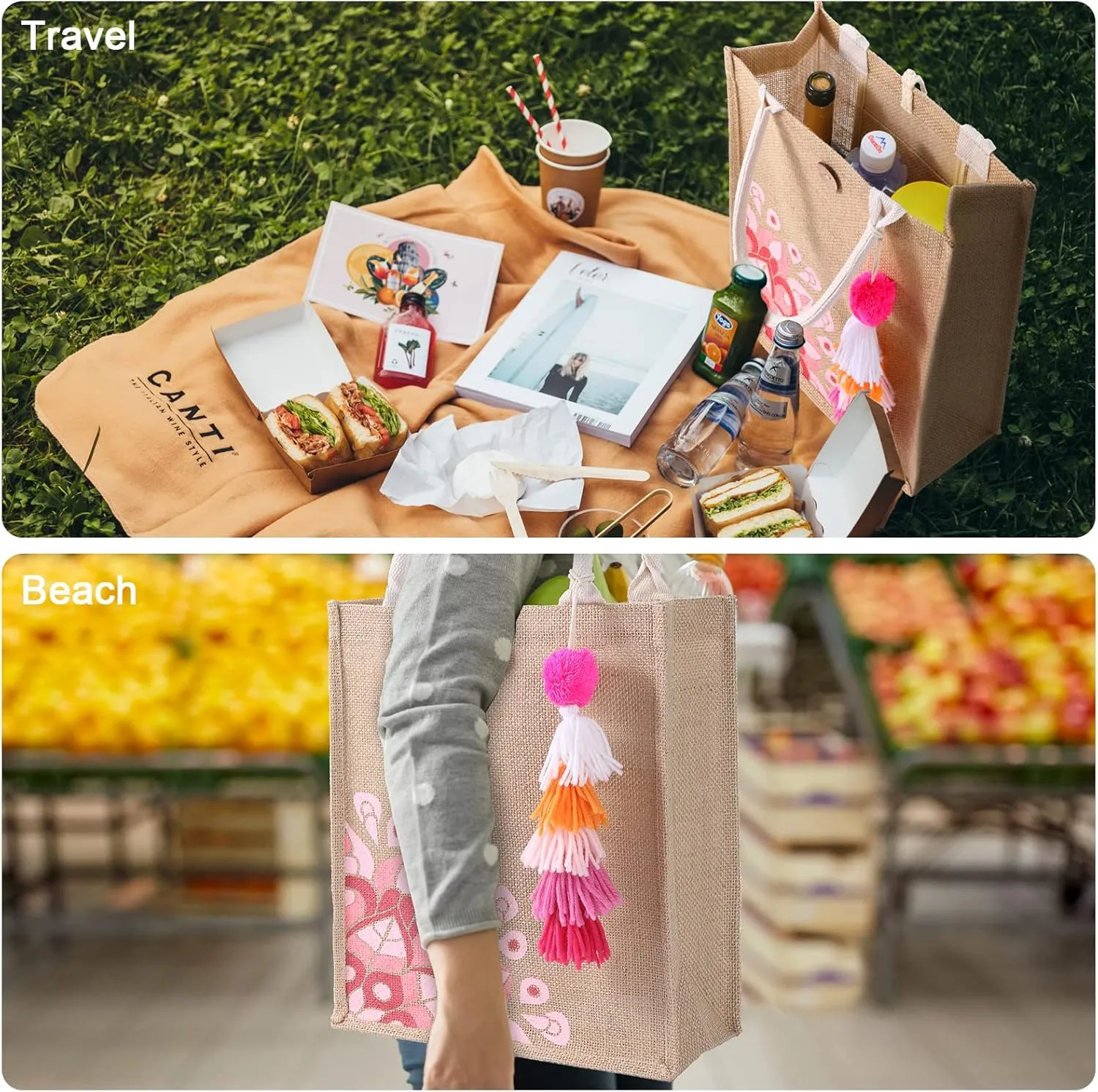 Beach Bag for Women, Straw Beach Tote Bag with Pocket Tassel Handle Waterproof Lining, for Summer Vacation Pool Gift