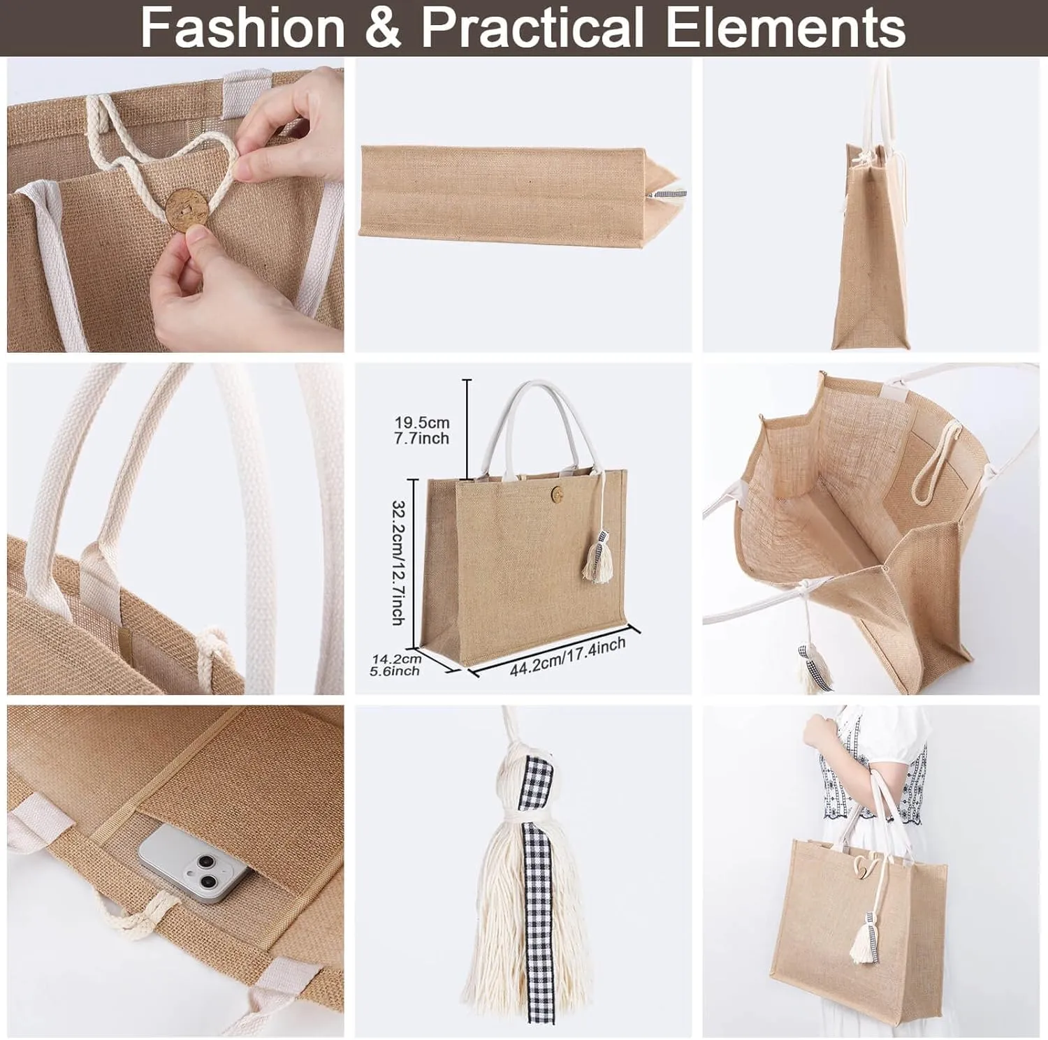 Beach Bag for Women, Straw Beach Tote Bag with Pocket Tassel Handle Waterproof Lining, for Summer Vacation Pool Gift