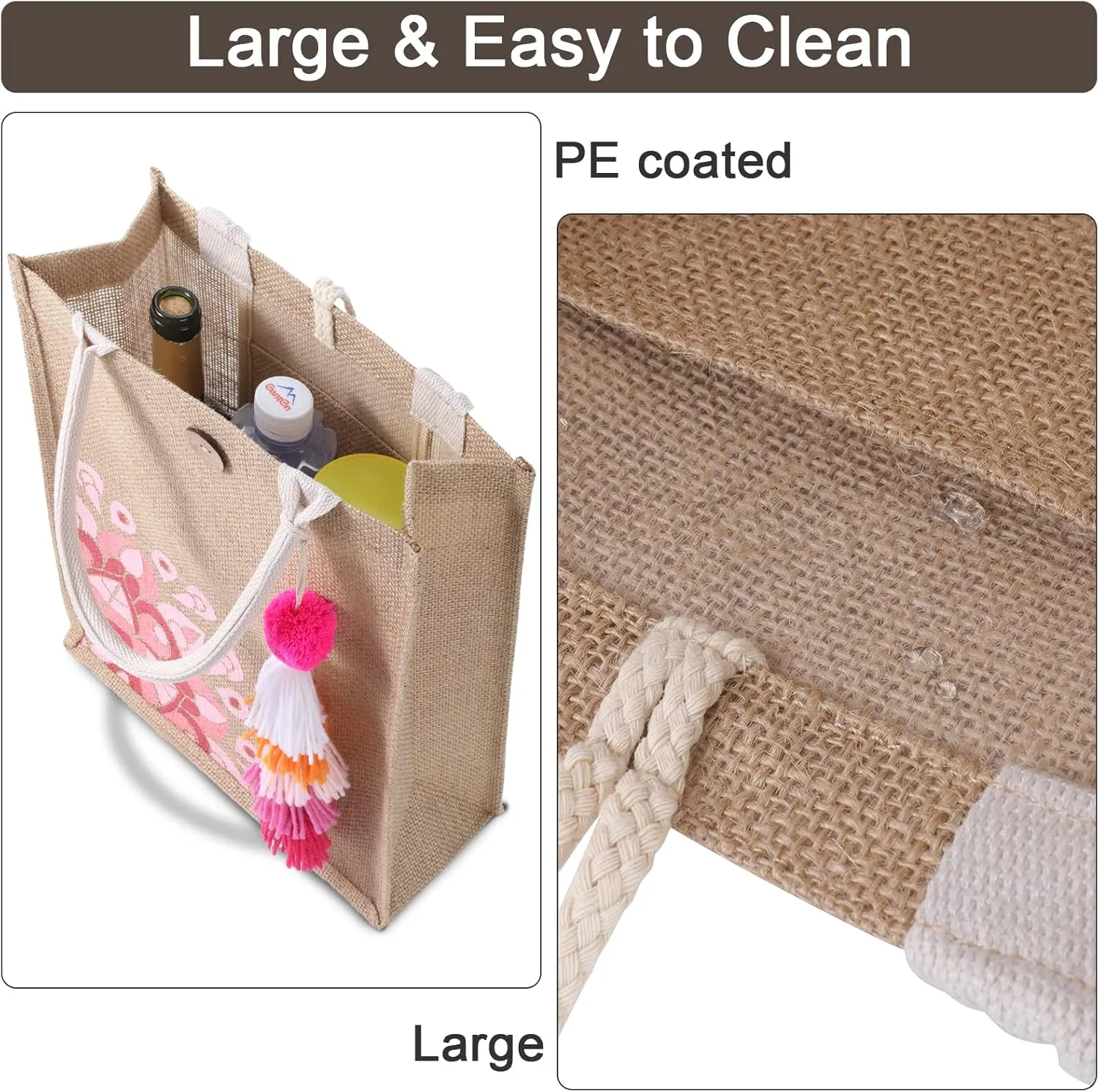 Beach Bag for Women, Straw Beach Tote Bag with Pocket Tassel Handle Waterproof Lining, for Summer Vacation Pool Gift