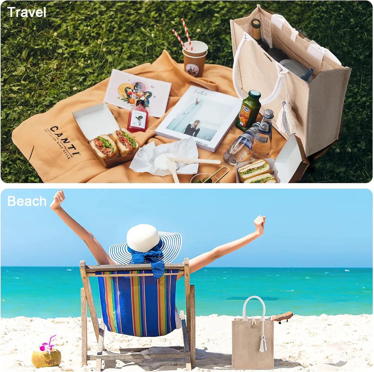 Beach Bag for Women, Straw Beach Tote Bag with Pocket Tassel Handle Waterproof Lining, for Summer Vacation Pool Gift