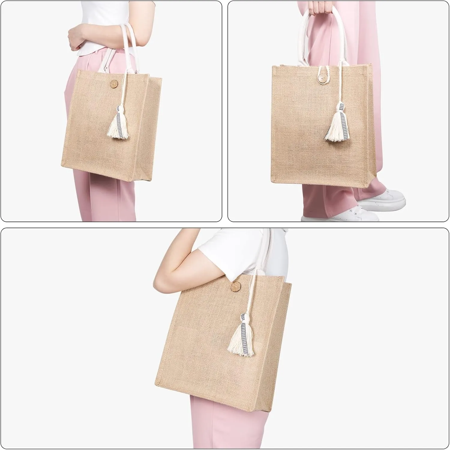 Beach Bag for Women, Straw Beach Tote Bag with Pocket Tassel Handle Waterproof Lining, for Summer Vacation Pool Gift