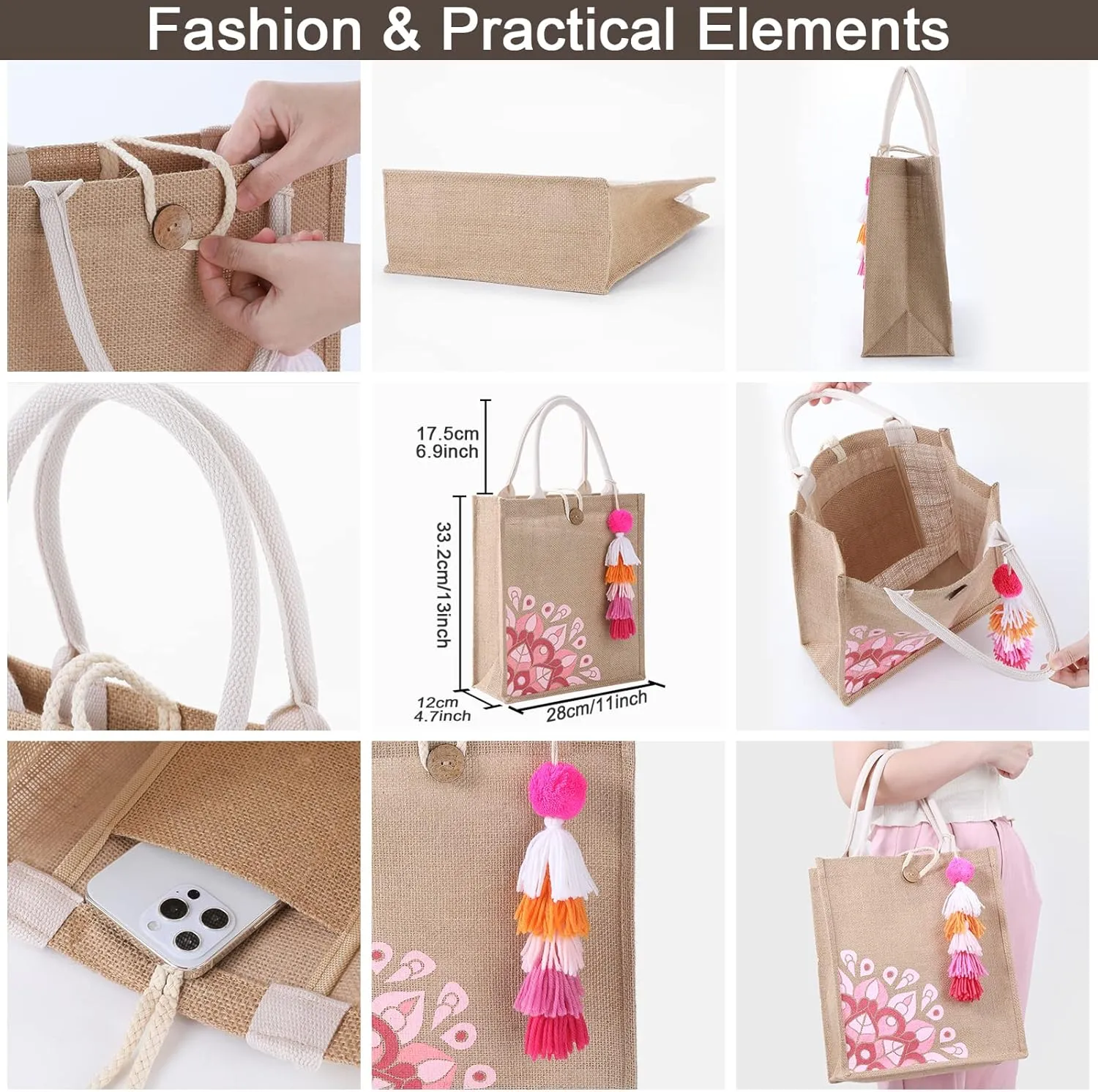 Beach Bag for Women, Straw Beach Tote Bag with Pocket Tassel Handle Waterproof Lining, for Summer Vacation Pool Gift