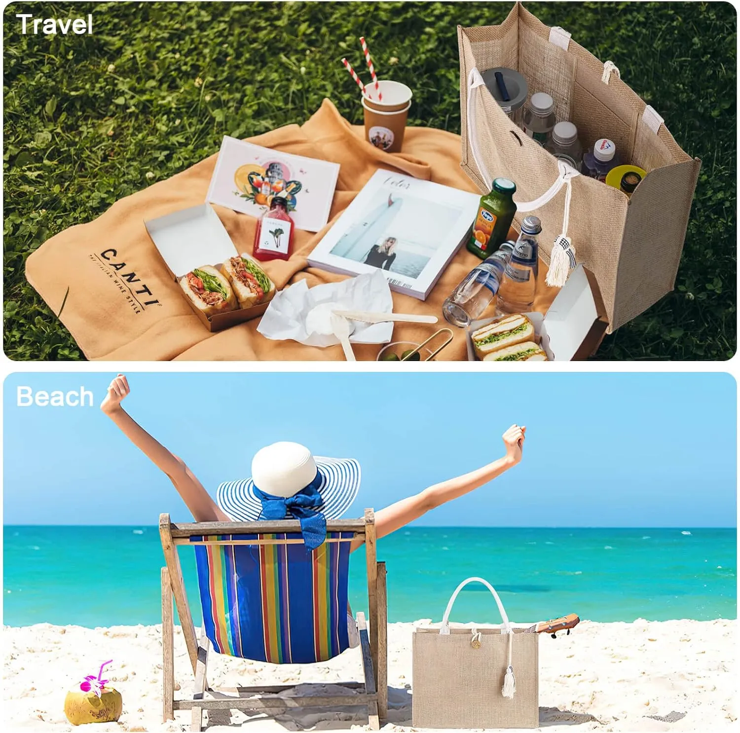 Beach Bag for Women, Straw Beach Tote Bag with Pocket Tassel Handle Waterproof Lining, for Summer Vacation Pool Gift