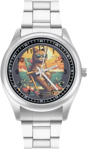 Beach Cat Minimalist Wristwatch Business Dress Watch with Stainless Steel Band for Men Women