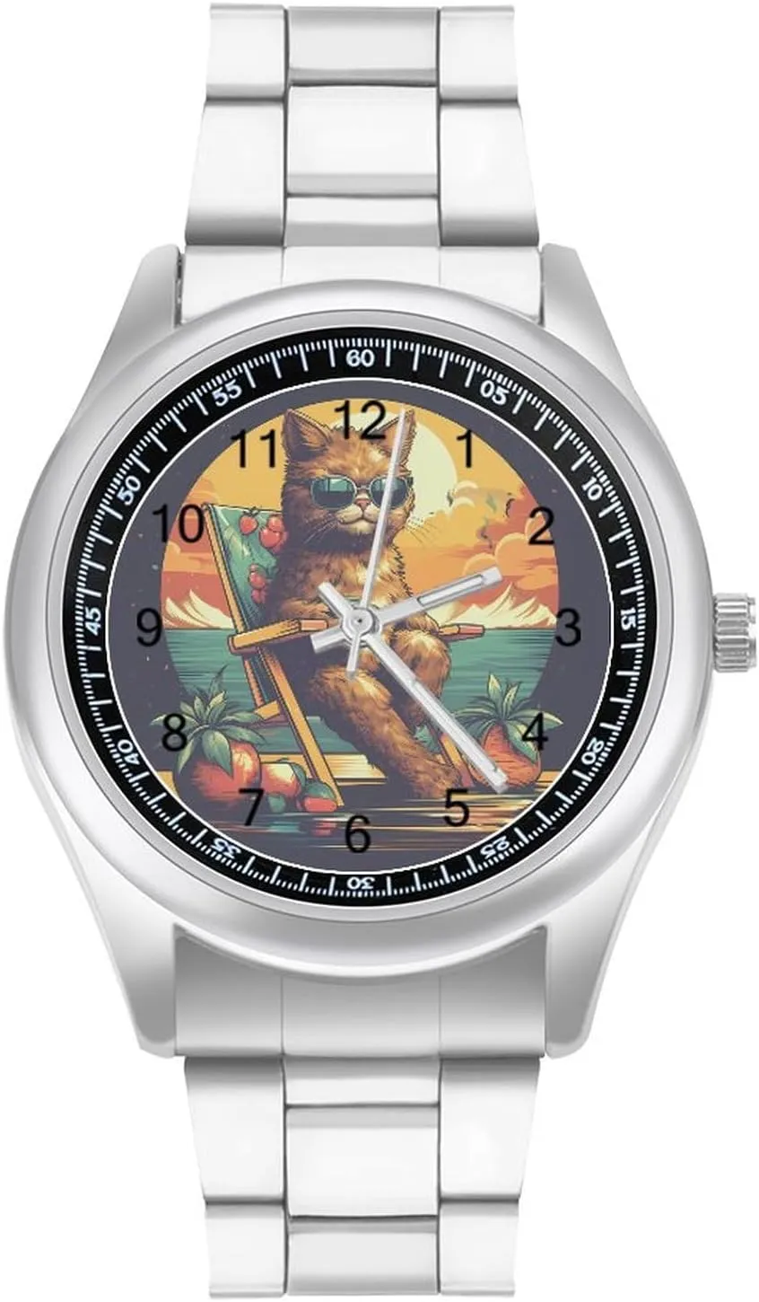 Beach Cat Minimalist Wristwatch Business Dress Watch with Stainless Steel Band for Men Women