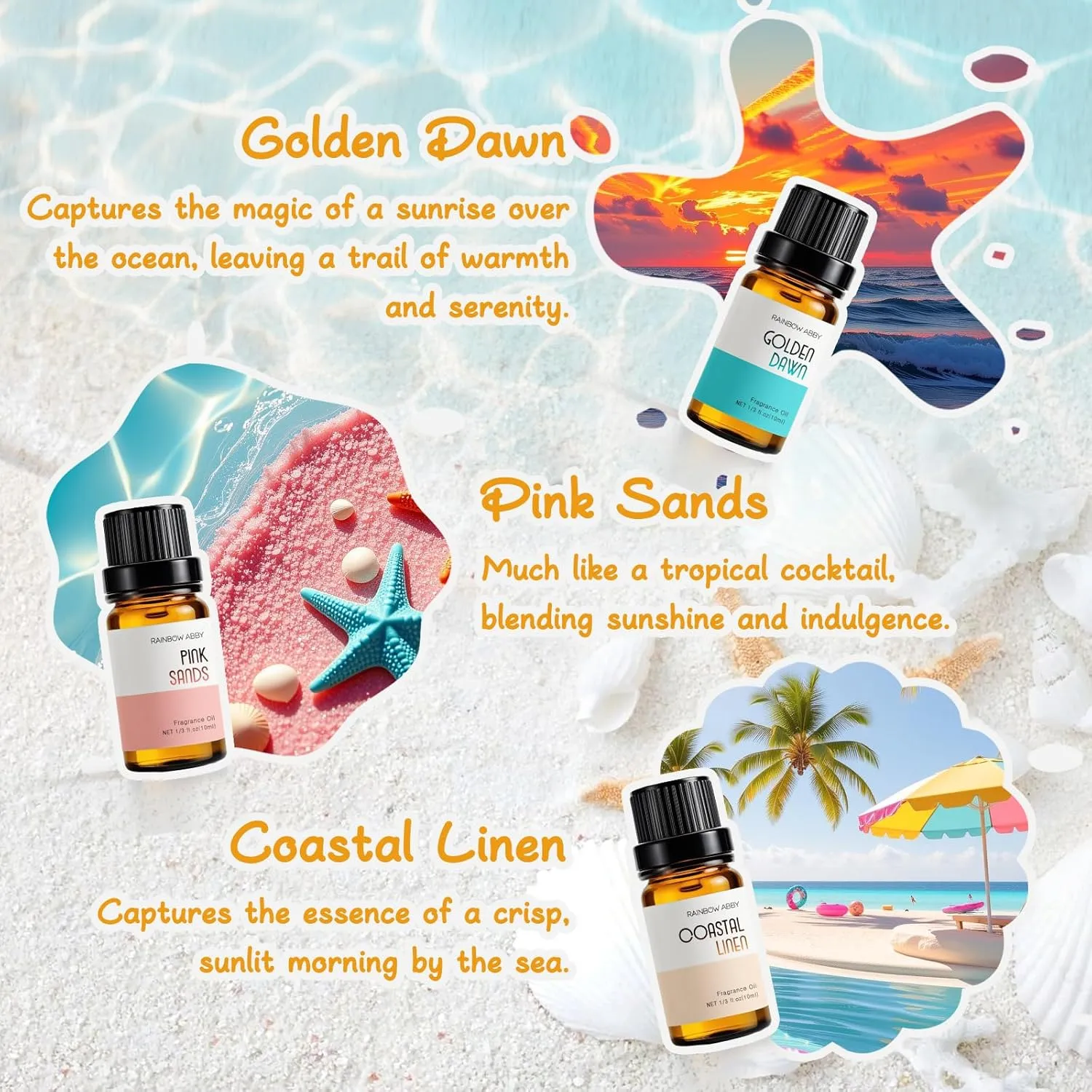 Beach Essential Oils for Diffusers for Home, RAINBOW ABBY Fragrance Oils Set, 6X10ml, Golden Dawn, Pink Sands, Coastal Linen, Ocean Breeze, Ocean, Ocean Mist Aromatherapy Oils for Candle & Soap Making