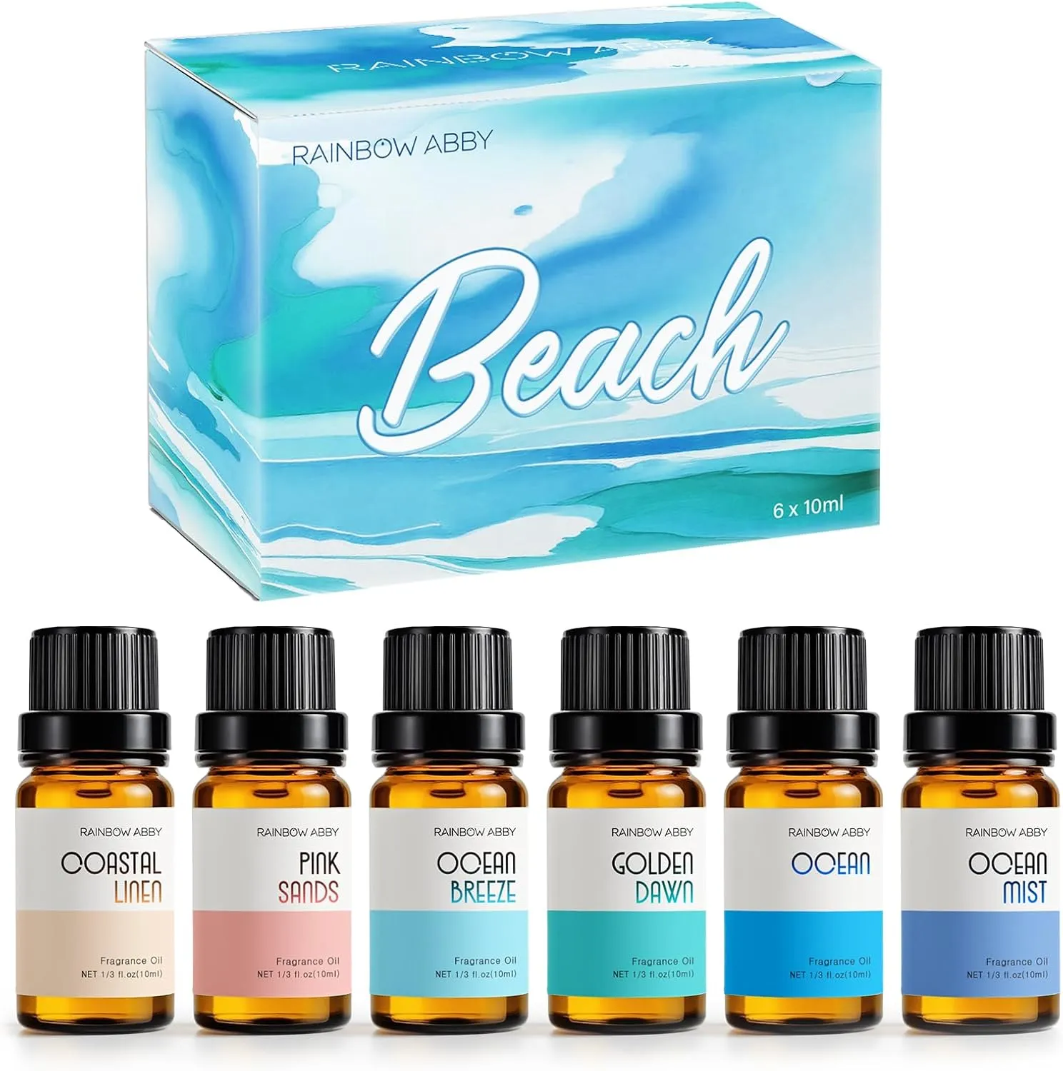Beach Essential Oils for Diffusers for Home, RAINBOW ABBY Fragrance Oils Set, 6X10ml, Golden Dawn, Pink Sands, Coastal Linen, Ocean Breeze, Ocean, Ocean Mist Aromatherapy Oils for Candle & Soap Making
