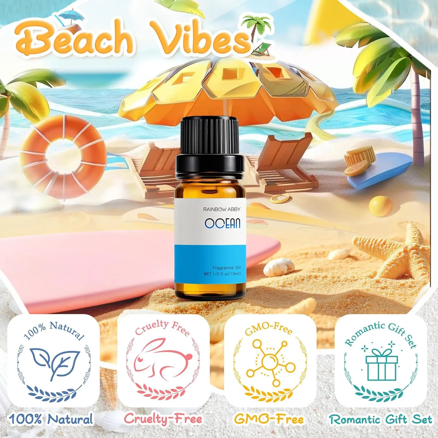 Beach Essential Oils for Diffusers for Home, RAINBOW ABBY Fragrance Oils Set, 6X10ml, Golden Dawn, Pink Sands, Coastal Linen, Ocean Breeze, Ocean, Ocean Mist Aromatherapy Oils for Candle & Soap Making