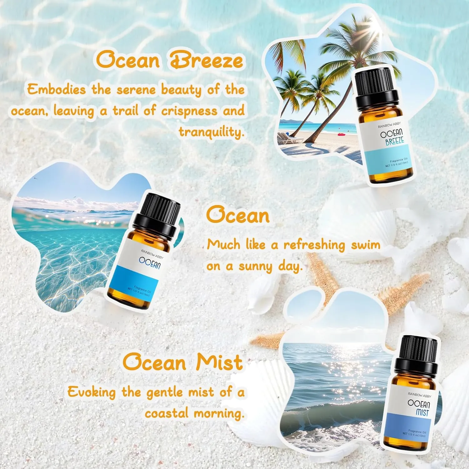 Beach Essential Oils for Diffusers for Home, RAINBOW ABBY Fragrance Oils Set, 6X10ml, Golden Dawn, Pink Sands, Coastal Linen, Ocean Breeze, Ocean, Ocean Mist Aromatherapy Oils for Candle & Soap Making