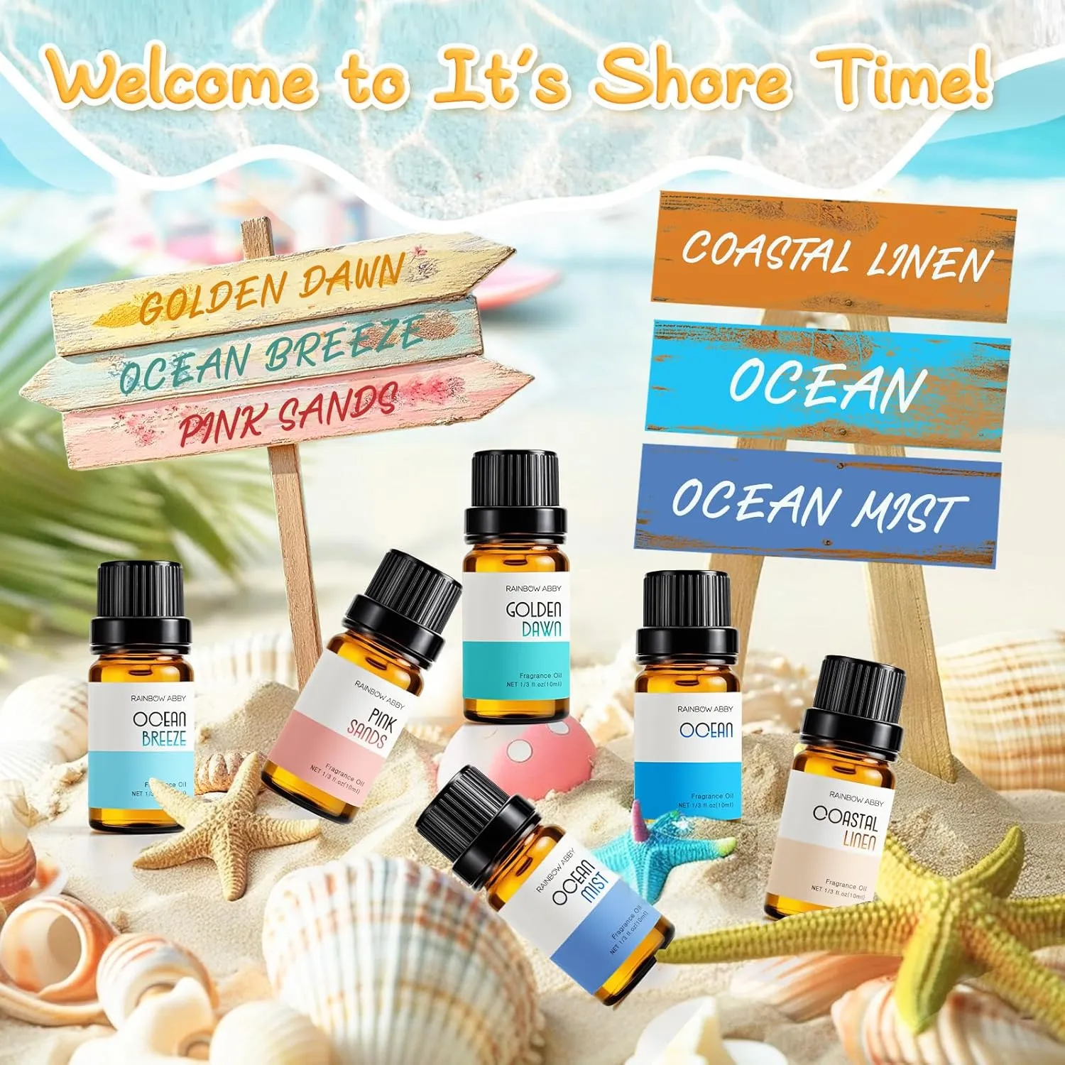 Beach Essential Oils for Diffusers for Home, RAINBOW ABBY Fragrance Oils Set, 6X10ml, Golden Dawn, Pink Sands, Coastal Linen, Ocean Breeze, Ocean, Ocean Mist Aromatherapy Oils for Candle & Soap Making