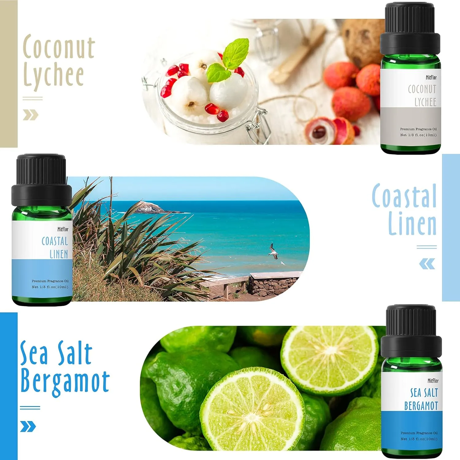 Beach Fragrance Oil, MitFlor Premium Scented Essential Oils for Diffusers for Home, Soap & Candle Making Scents, Summer Aromatherapy Essential Oils Set, Coastal Linen, Ocean Mist and More, 6x10 ml