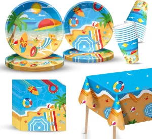 Beach Party Decorations Set Includes Dinner Plates, Napkins, Cups and Tablecloth for Summer Hawaiian Beach Birthday Party Decorations, Serve 24