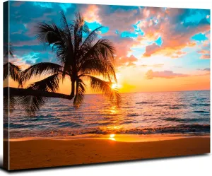Beach Wall Art Tropical Palm Tree Wall Art Sunset Coastal Landscape Beach Pictures Wall Decor for Living Room Canvas Ocean Seascape Poster Bathroom Nature Painting Bedroom Office Home Decoration 12x16