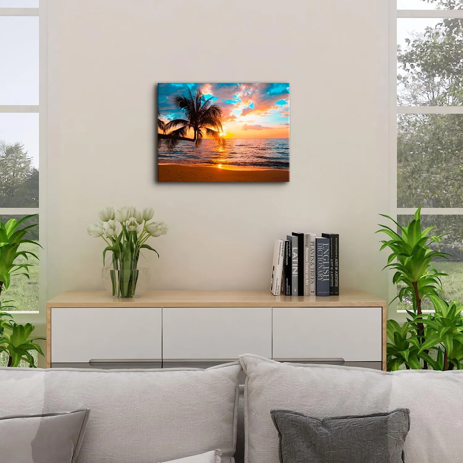 Beach Wall Art Tropical Palm Tree Wall Art Sunset Coastal Landscape Beach Pictures Wall Decor for Living Room Canvas Ocean Seascape Poster Bathroom Nature Painting Bedroom Office Home Decoration 12x16