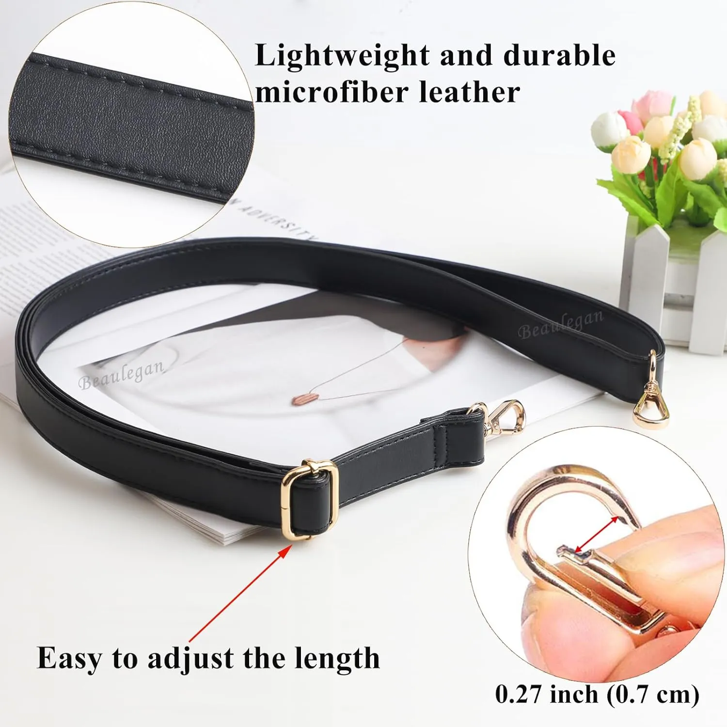 Beaulegan Classic Long Purse Strap Replacement, Microfiber Leather, Adjustable for Crossbody/Shoulder Bag, 0.5 Inch Wide (Black/Gold)