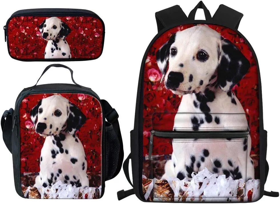 Beauty Collector Designer Dog Dalmatian Backpack Bookbags Set for School Cute Lunch Bag, Pencil Case and Big Backpacks