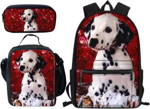 Beauty Collector Designer Dog Dalmatian Backpack Bookbags Set for School Cute Lunch Bag, Pencil Case and Big Backpacks