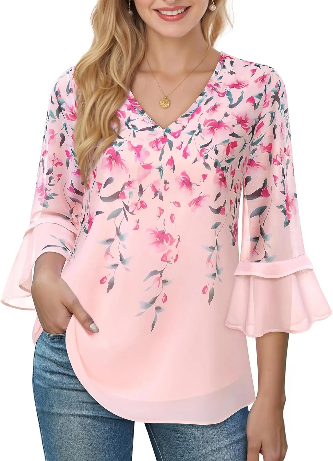 Bebonnie Womens Dressy Casual Tops Ruffle 3/4 Sleeve V Neck Floral Chiffon Blouses
