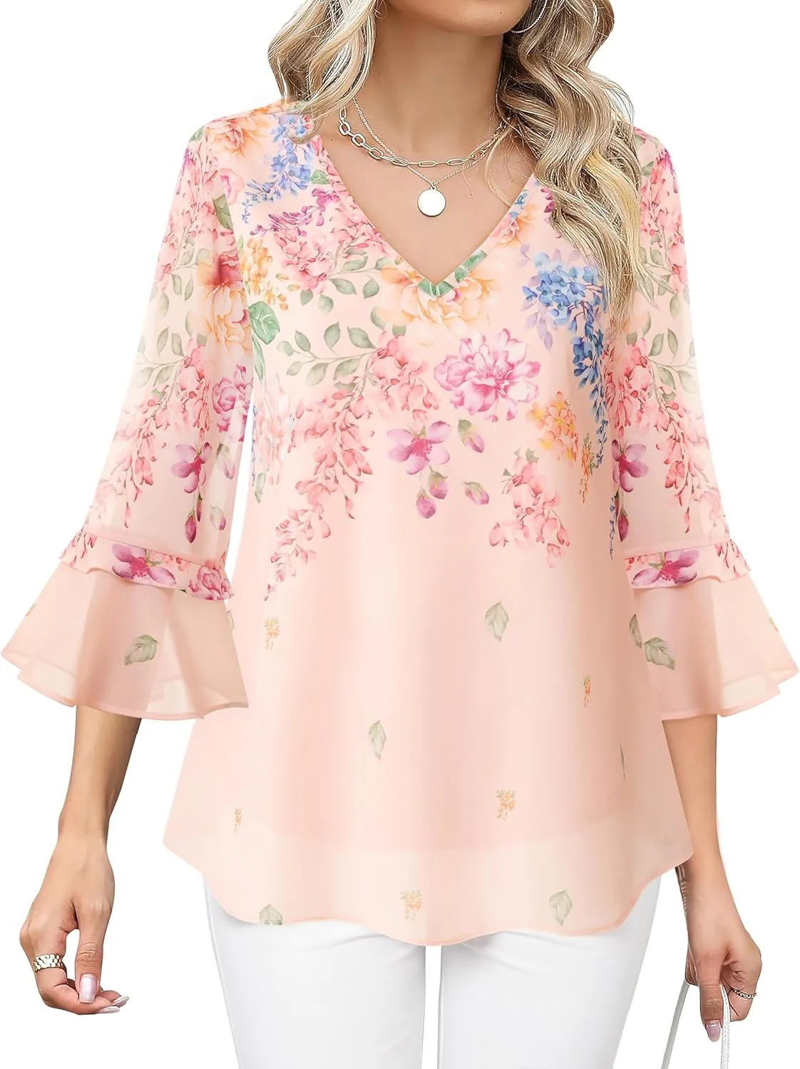 Bebonnie Womens Dressy Casual Tops Ruffle 3/4 Sleeve V Neck Floral Chiffon Blouses