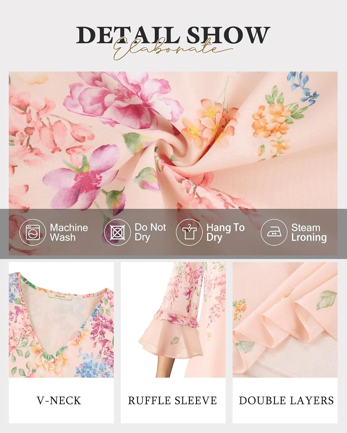 Bebonnie Womens Dressy Casual Tops Ruffle 3/4 Sleeve V Neck Floral Chiffon Blouses