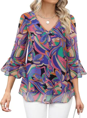 Bebonnie Womens Dressy Casual Tops Ruffle 3/4 Sleeve V Neck Floral Chiffon Blouses