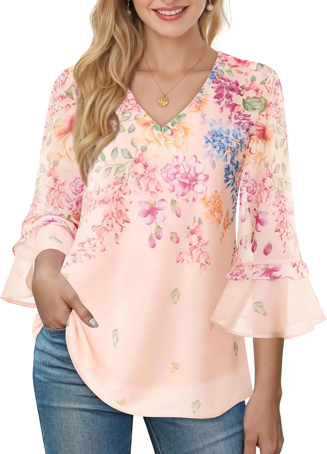 Bebonnie Womens Dressy Casual Tops Ruffle 3/4 Sleeve V Neck Floral Chiffon Blouses