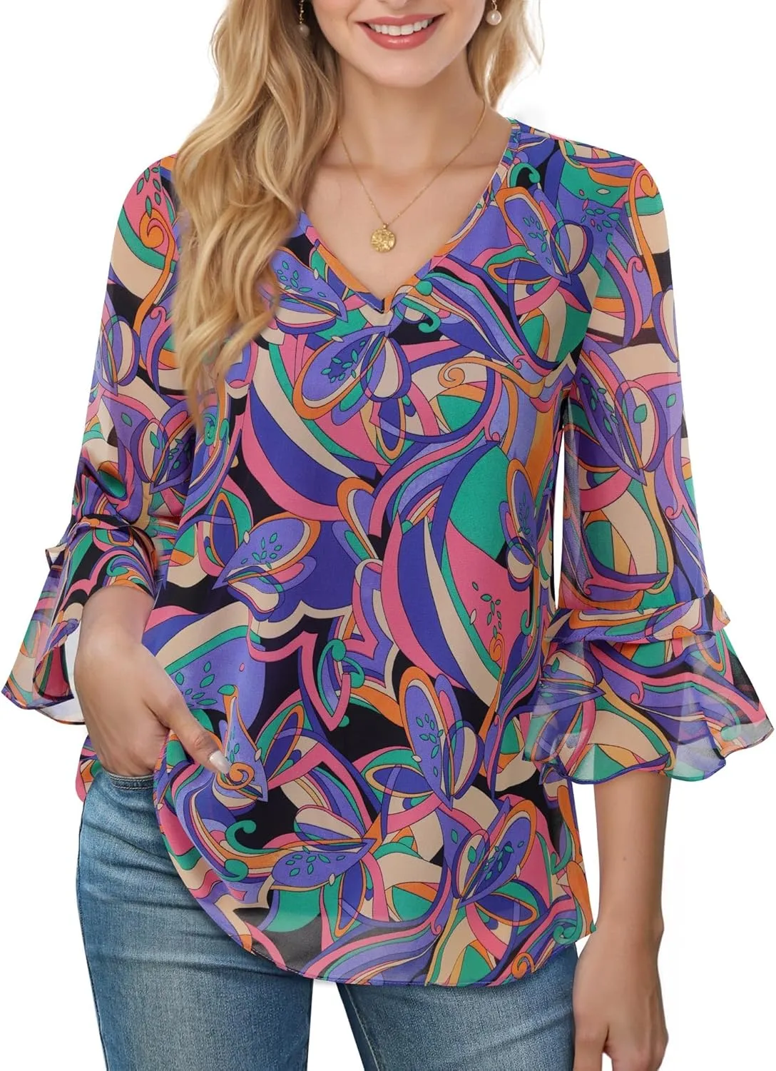 Bebonnie Womens Dressy Casual Tops Ruffle 3/4 Sleeve V Neck Floral Chiffon Blouses