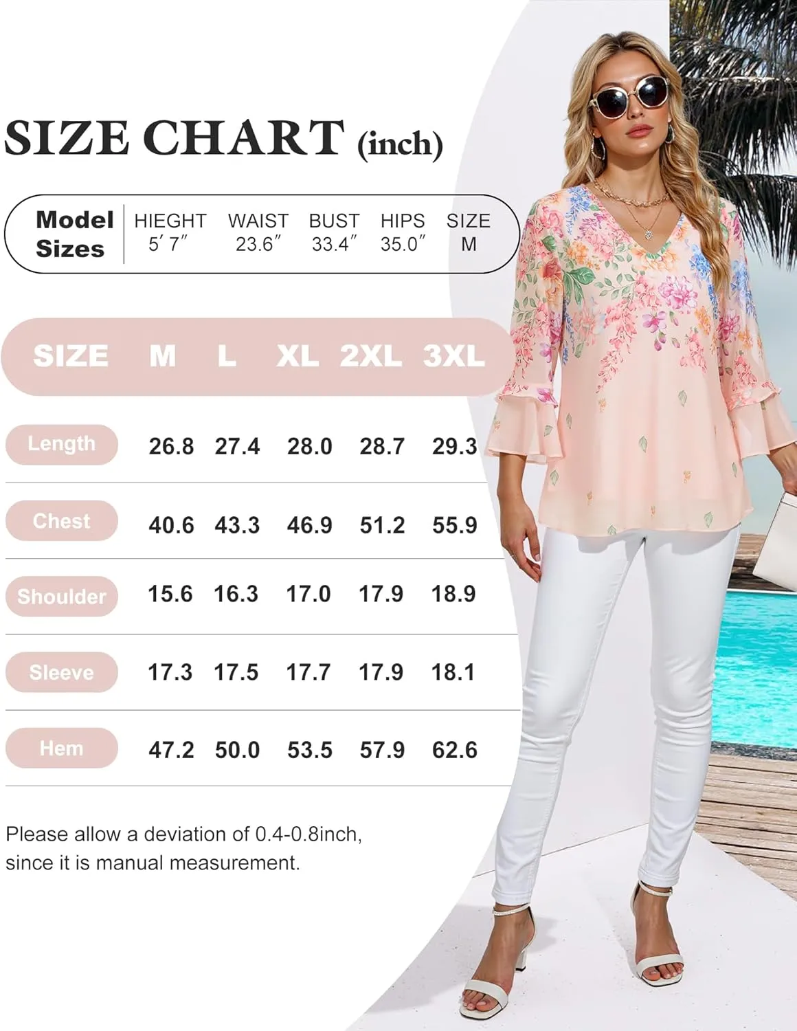 Bebonnie Womens Dressy Casual Tops Ruffle 3/4 Sleeve V Neck Floral Chiffon Blouses
