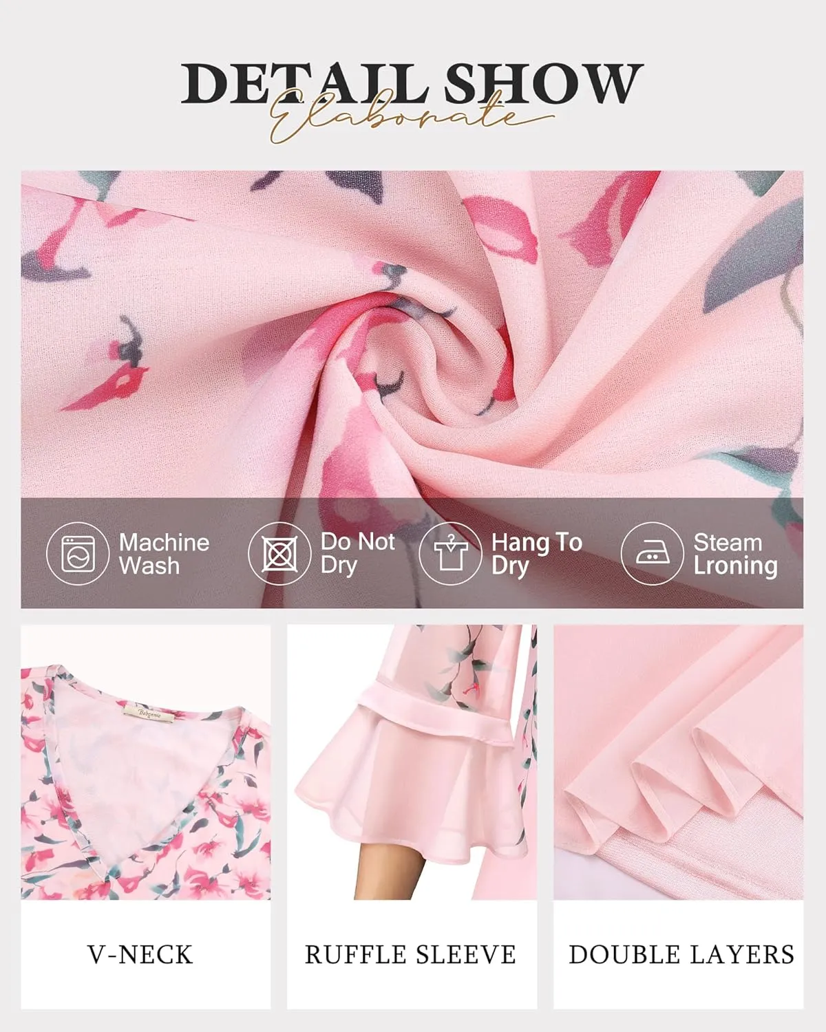 Bebonnie Womens Dressy Casual Tops Ruffle 3/4 Sleeve V Neck Floral Chiffon Blouses