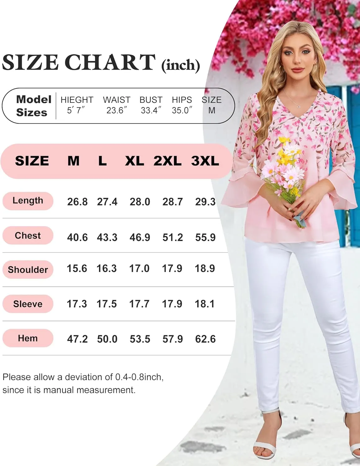 Bebonnie Womens Dressy Casual Tops Ruffle 3/4 Sleeve V Neck Floral Chiffon Blouses