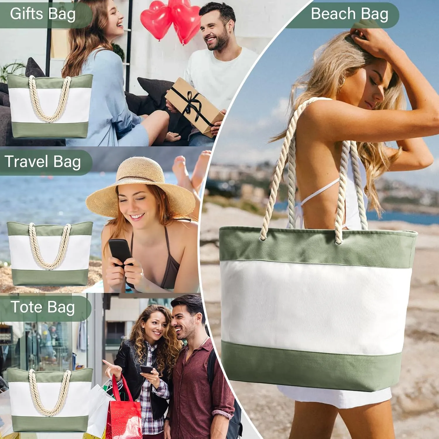 Becokan Initial Beach Bag Waterproof Canvas Beach Tote Bag Zipper Personalized Gifts for Women Her Birthday Travel Essentials