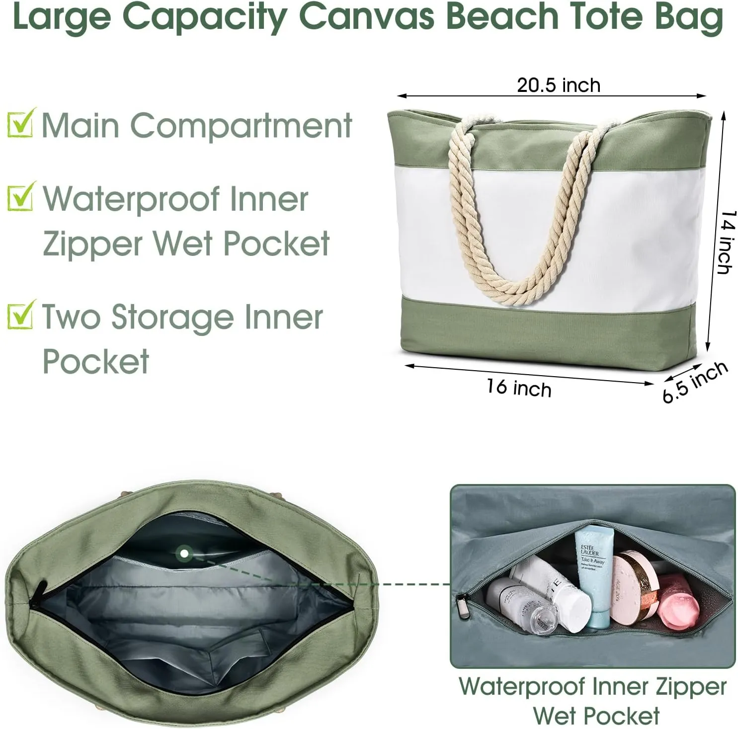Becokan Initial Beach Bag Waterproof Canvas Beach Tote Bag Zipper Personalized Gifts for Women Her Birthday Travel Essentials